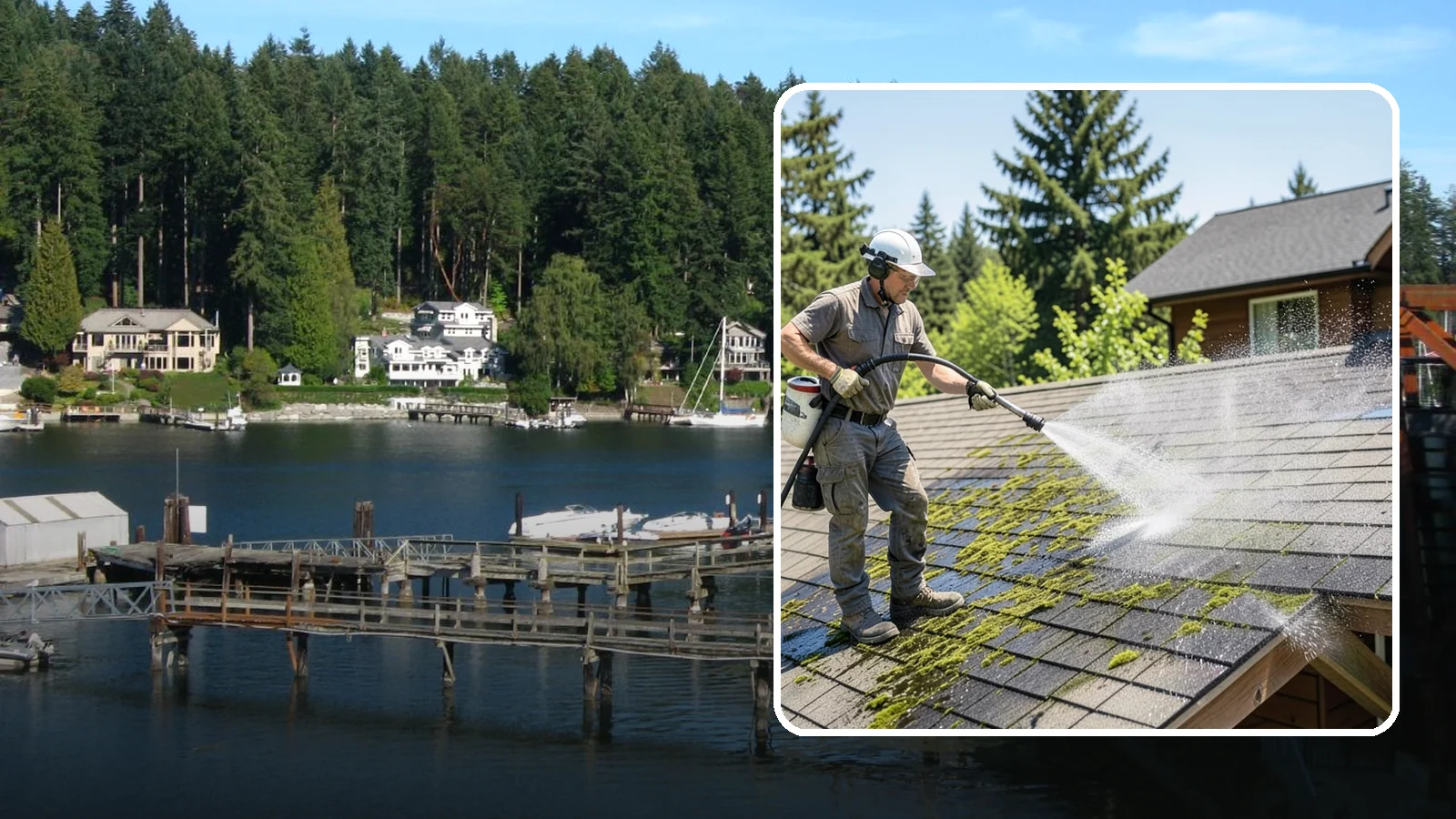 Cedar Shake Roof Cleaning in Gig Harbor, Pierce County, WA - Gentle restoration cleaning for cedar shake and shingle roofs that removes moss while preserving the wood.