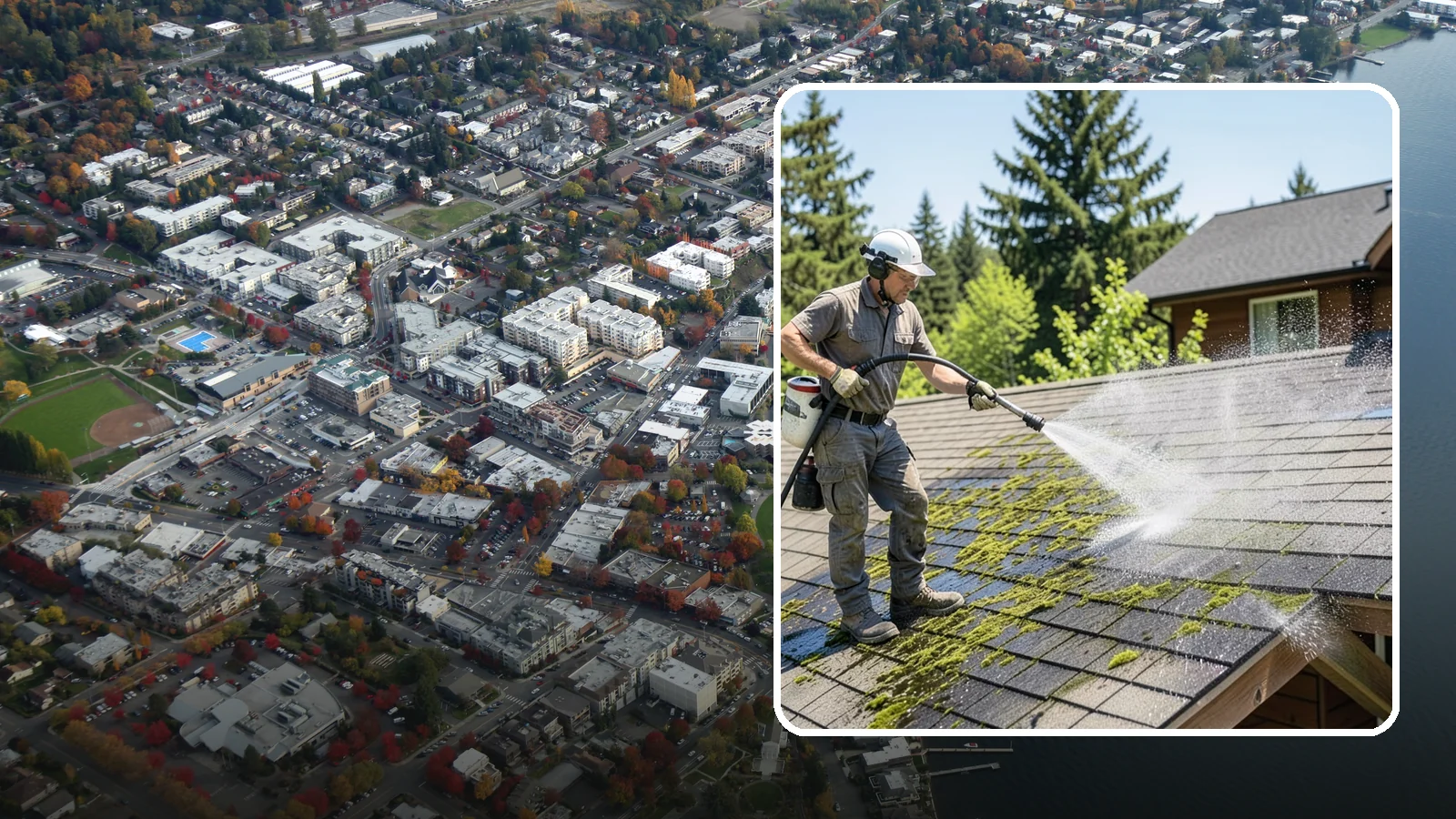 Cedar Shake Roof Cleaning in Kirkland, King County, WA - Gentle restoration cleaning for cedar shake and shingle roofs that removes moss while preserving the wood.