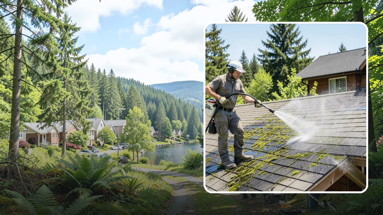 Cedar Shake Roof Cleaning in Lake Forest Park, King County, WA - Gentle restoration cleaning for cedar shake and shingle roofs that removes moss while preserving the wood.