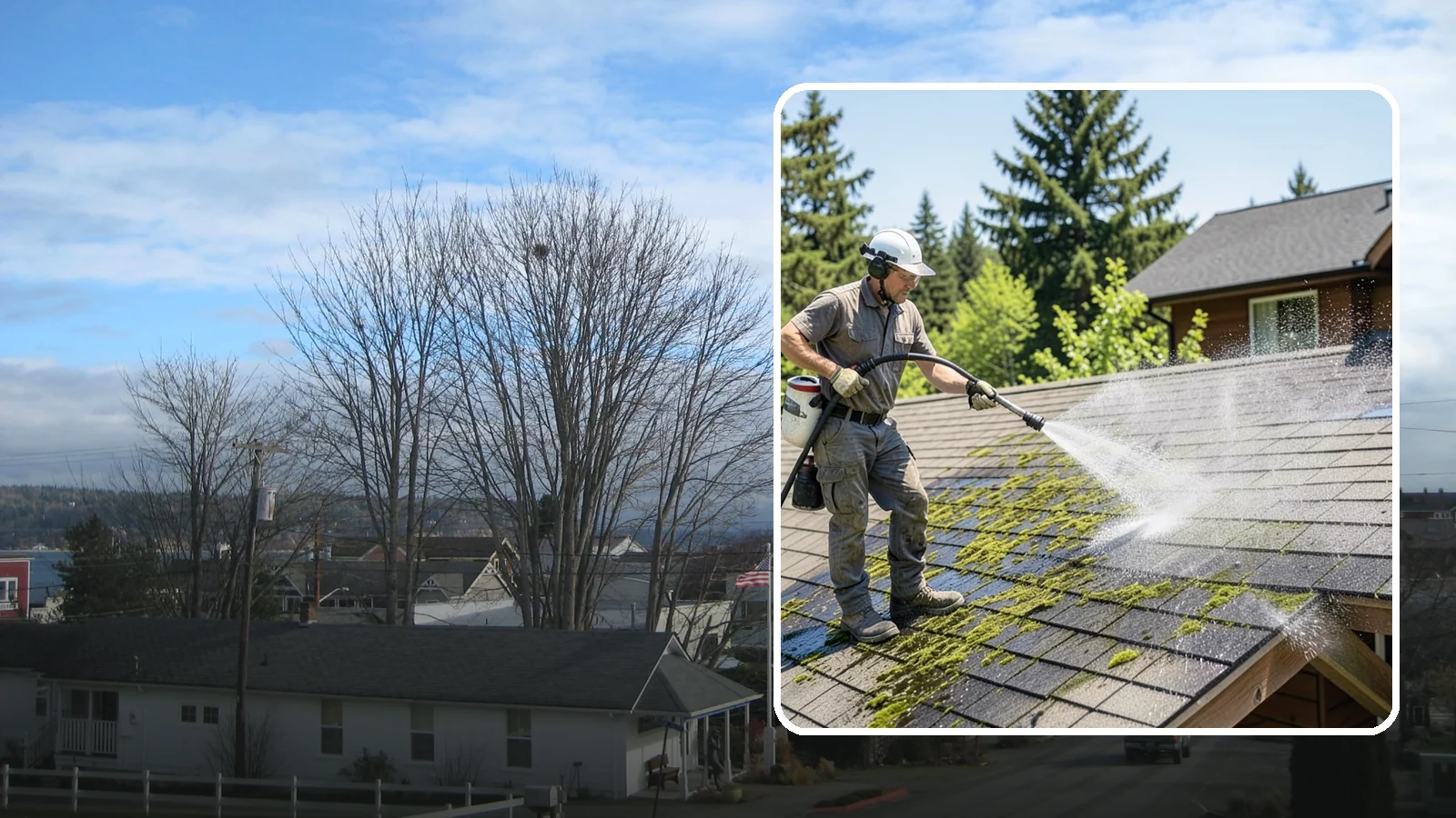 Cedar Shake Roof Cleaning in Langley, Island County, WA - Gentle restoration cleaning for cedar shake and shingle roofs that removes moss while preserving the wood.