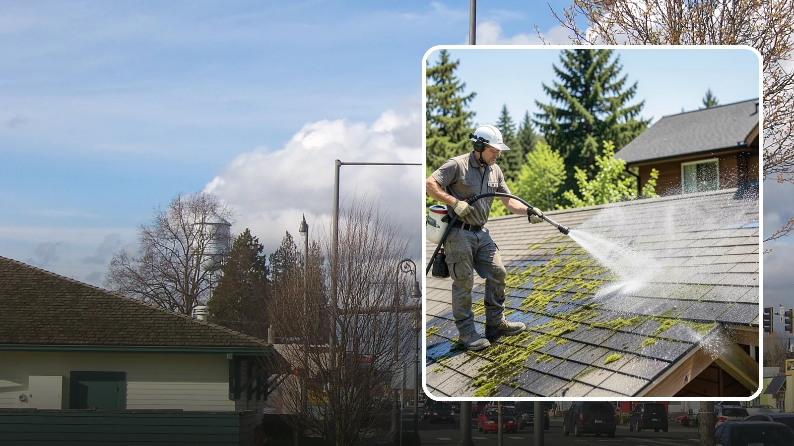 Cedar Shake Roof Cleaning in Marysville, Snohomish County, WA - Gentle restoration cleaning for cedar shake and shingle roofs that removes moss while preserving the wood.