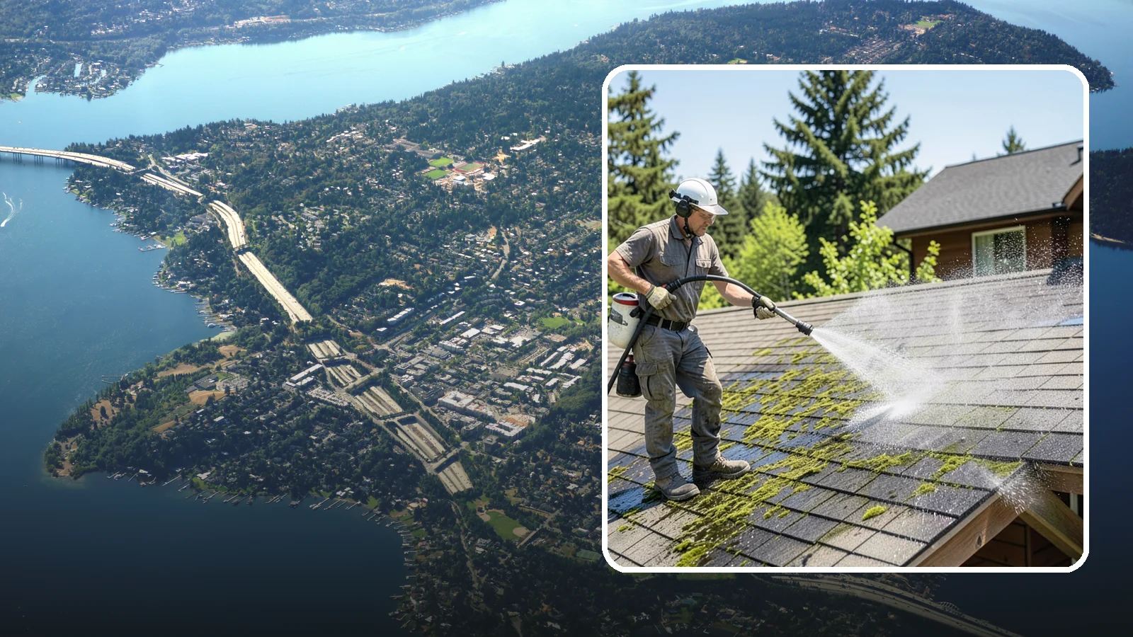 Cedar Shake Roof Cleaning in Mercer Island, King County, WA - Gentle restoration cleaning for cedar shake and shingle roofs that removes moss while preserving the wood.