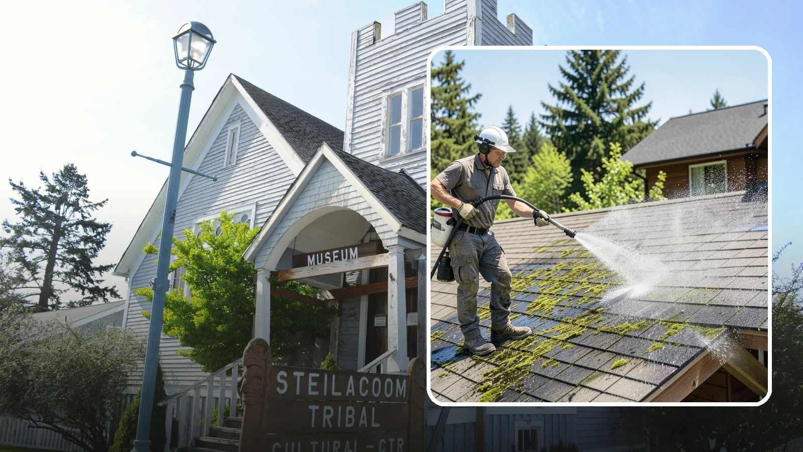 Cedar Shake Roof Cleaning in Steilacoom, Pierce County, WA - Gentle restoration cleaning for cedar shake and shingle roofs that removes moss while preserving the wood.