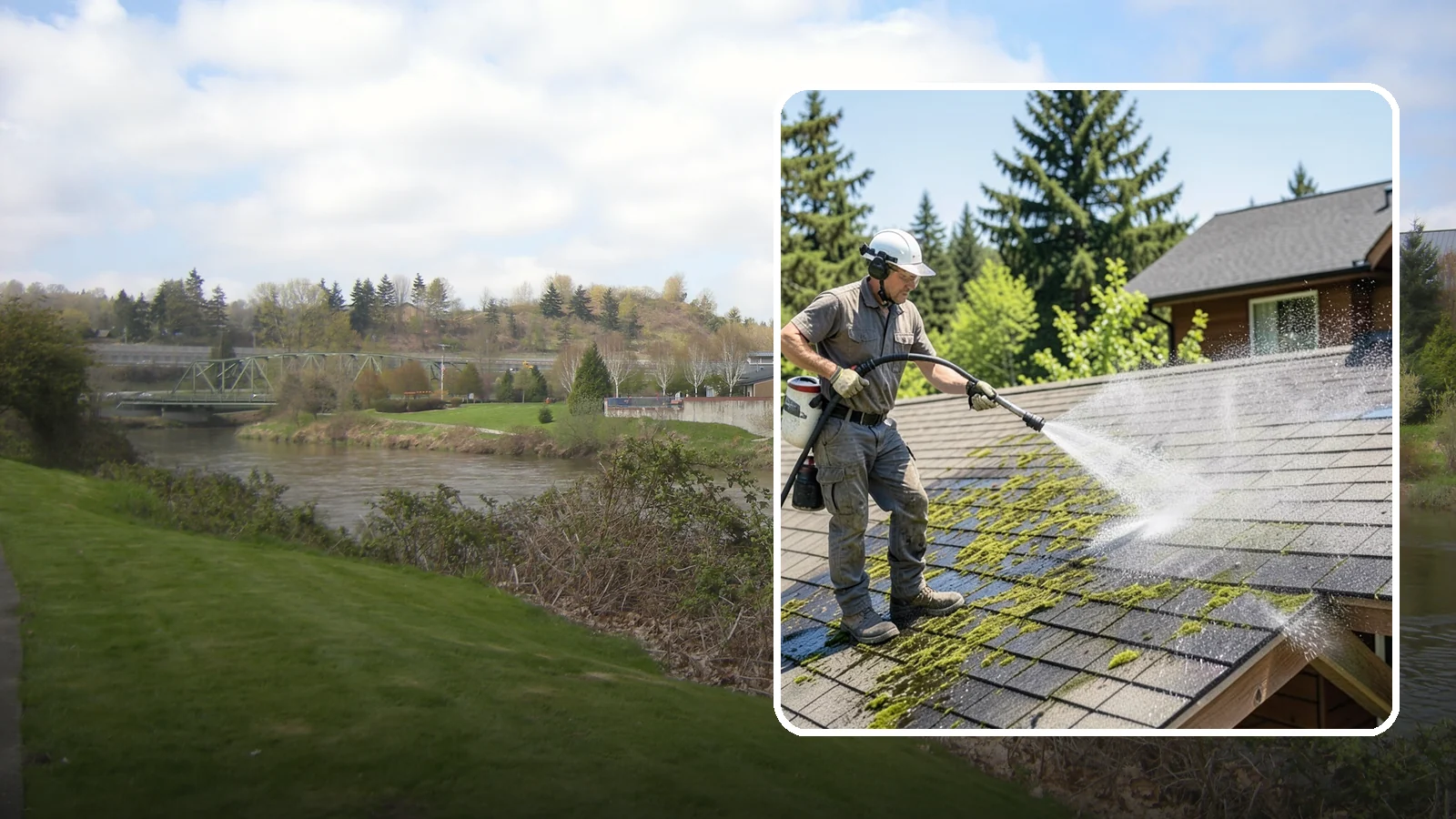 Cedar Shake Roof Cleaning in Tukwila, King County, WA - Gentle restoration cleaning for cedar shake and shingle roofs that removes moss while preserving the wood.