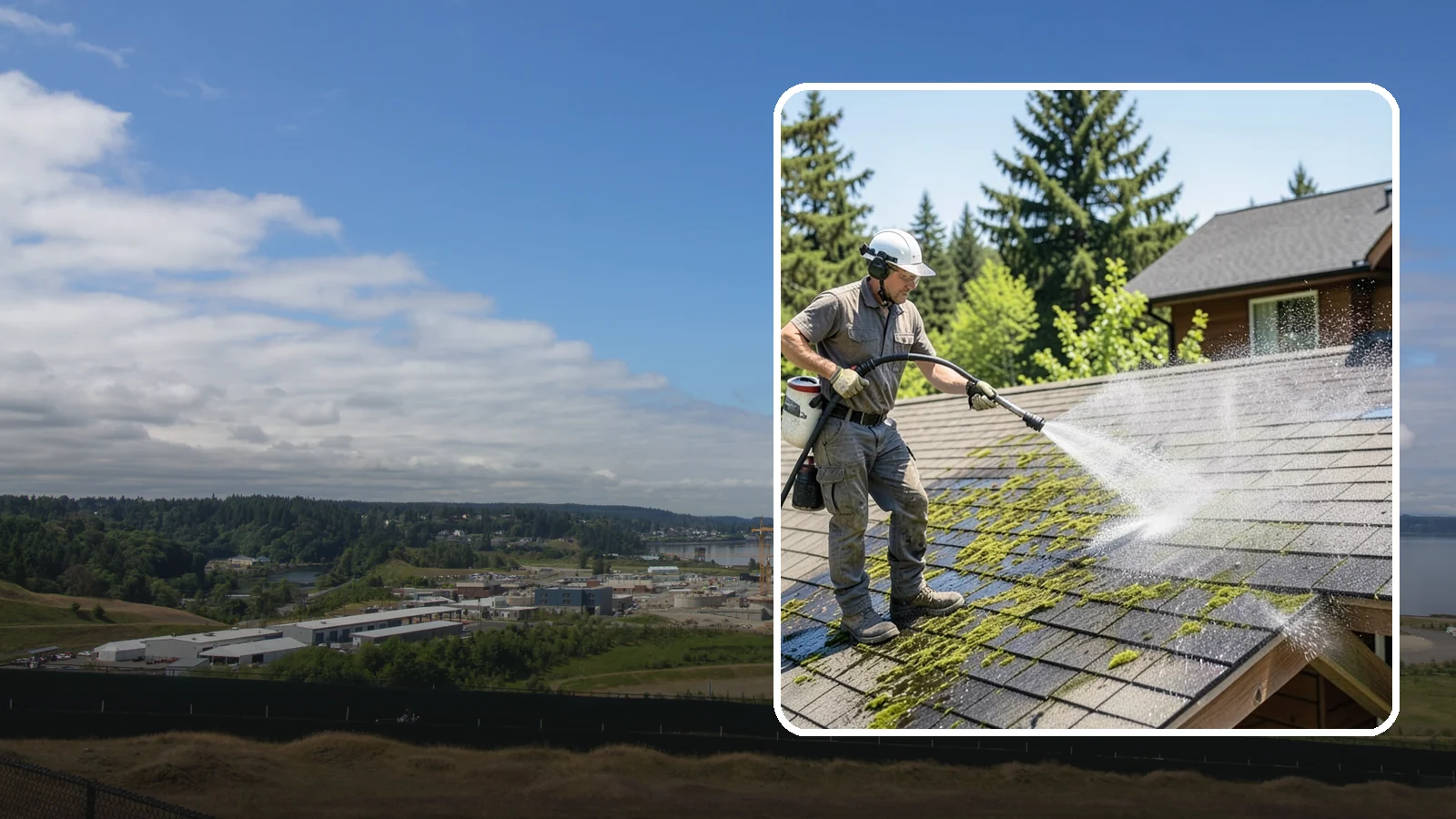 Cedar Shake Roof Cleaning in University Place, Pierce County, WA - Gentle restoration cleaning for cedar shake and shingle roofs that removes moss while preserving the wood.