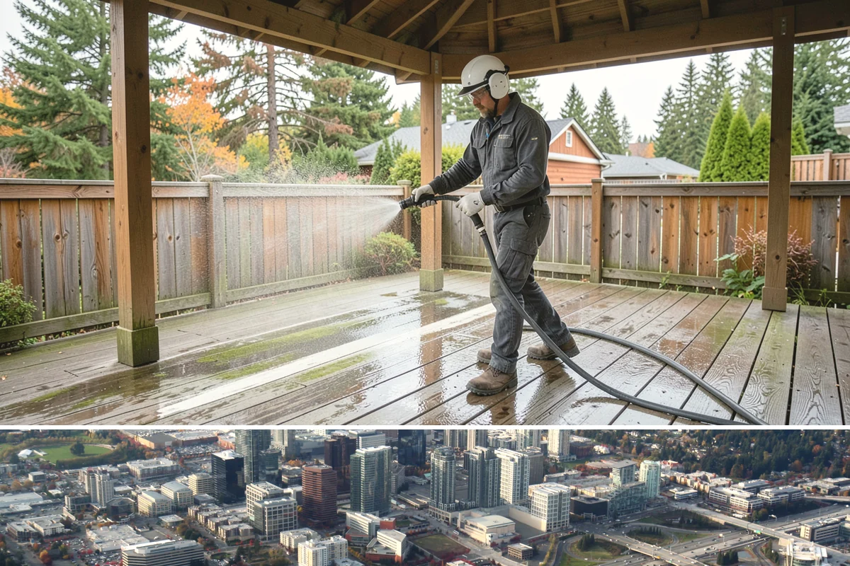 Cedar Siding Washing in Bellevue, King County, WA - The dry months of summer are ideal so cedar dries completely and holds any new stain applied afterward.