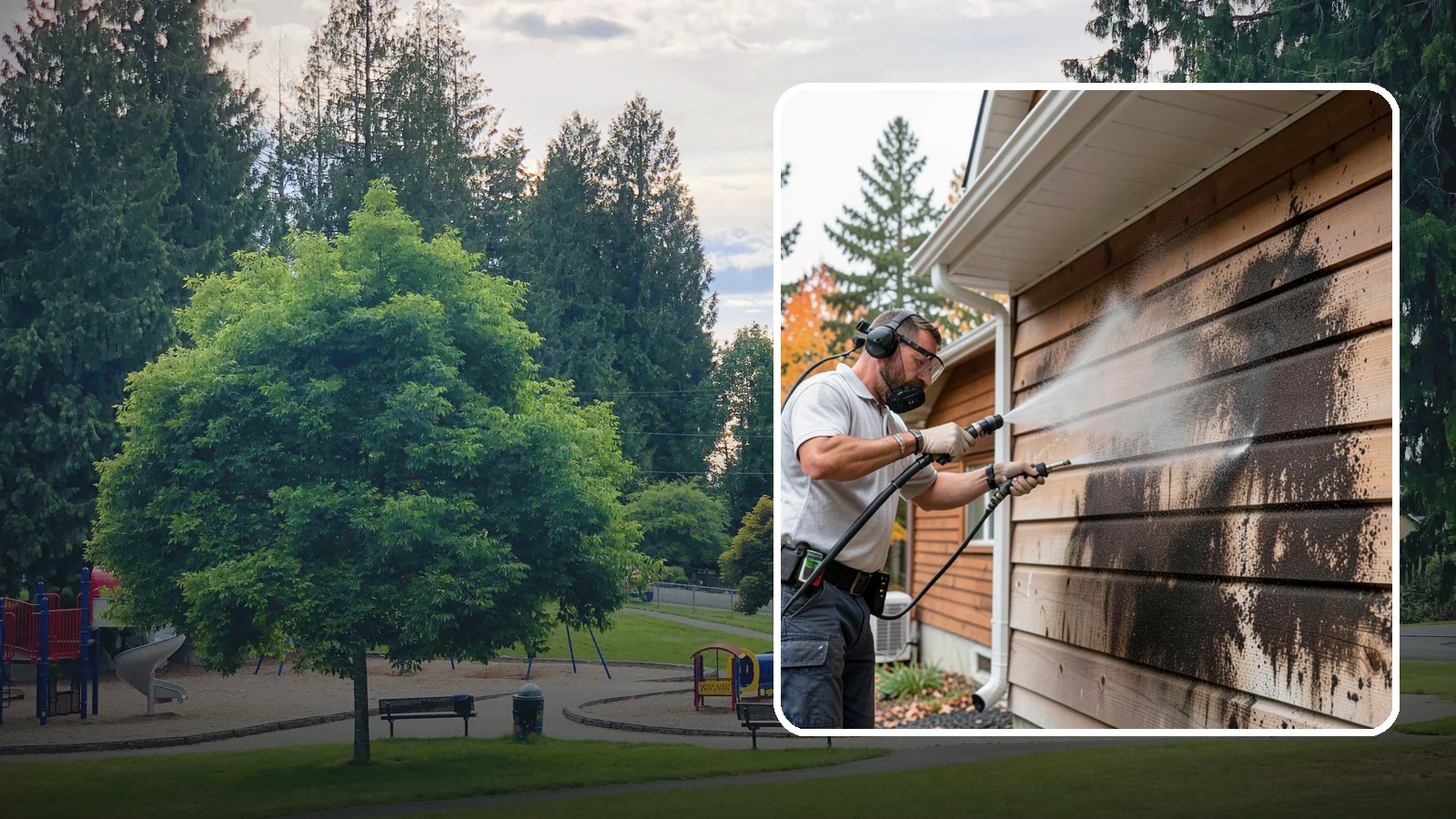 Cedar Siding Washing in Bonney Lake, Pierce County, WA - Cedar siding washing carefully clears mildew and dark streaks from shakes and boards while protecting cedar's soft, natural...