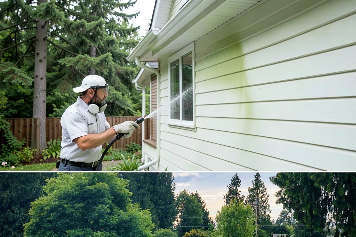 Cedar Siding Washing in Bonney Lake, Pierce County, WA - The dry months of summer are ideal so cedar dries completely and holds any new stain applied afterward.