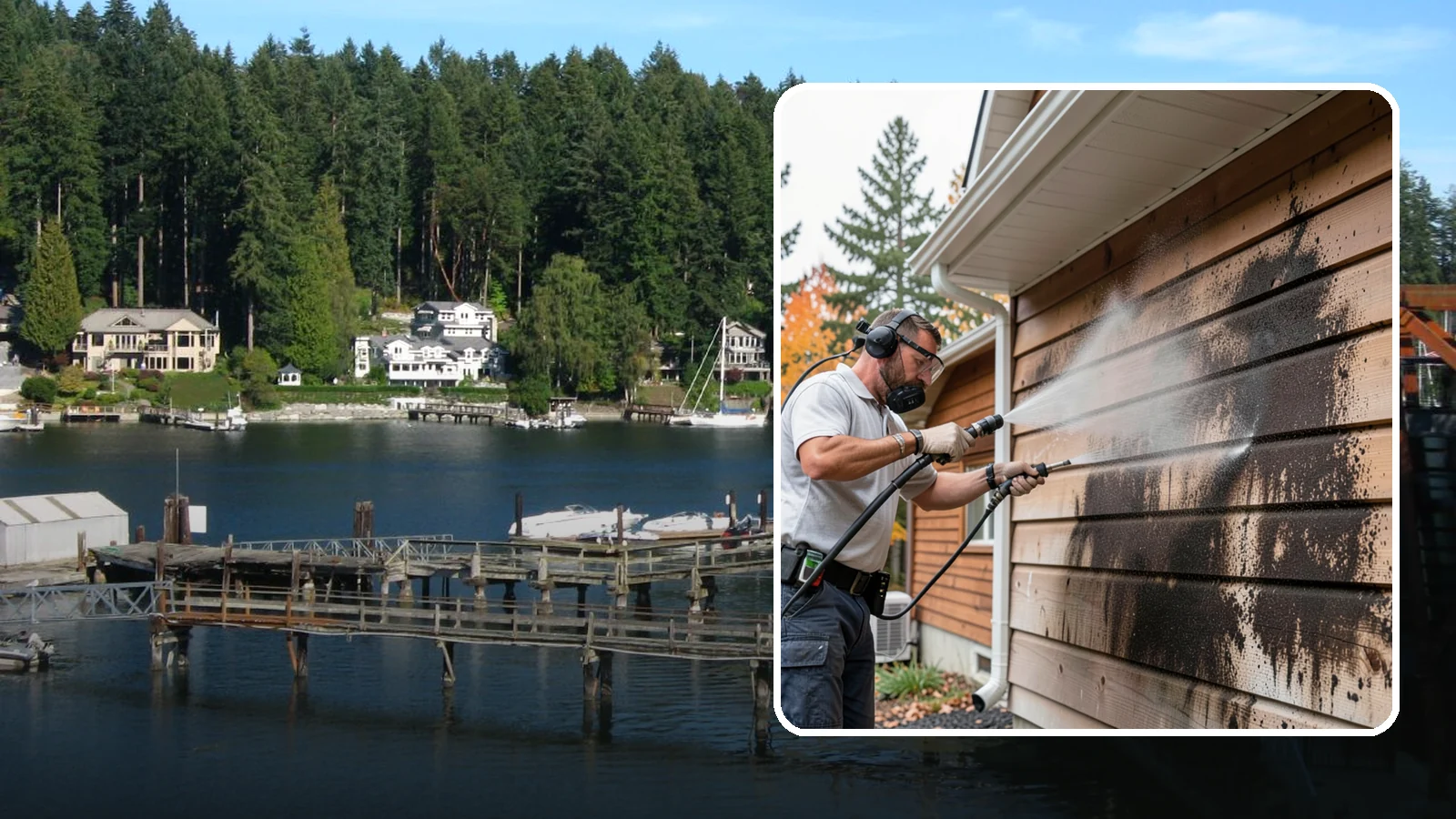 Cedar Siding Washing in Gig Harbor, Pierce County, WA - Cedar siding washing carefully clears mildew and dark streaks from shakes and boards while protecting cedar's soft, natural...