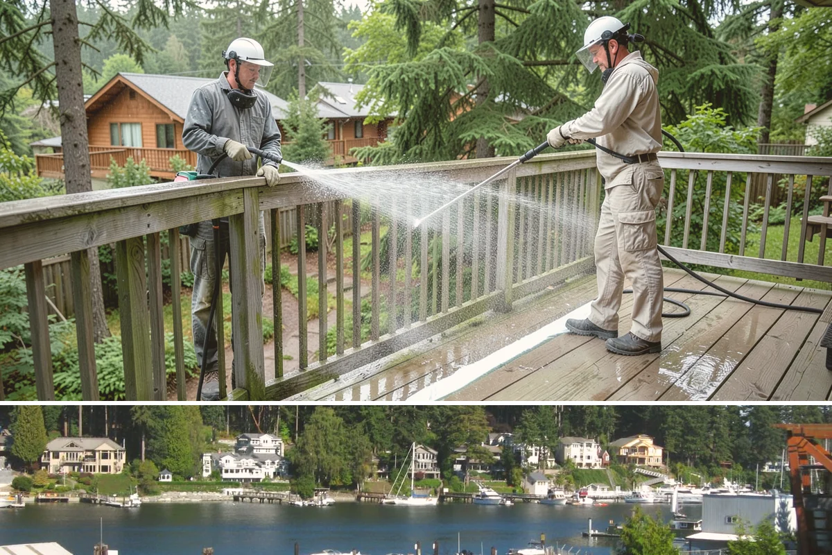 Cedar Siding Washing in Gig Harbor, Pierce County, WA - The dry months of summer are ideal so cedar dries completely and holds any new stain applied afterward.