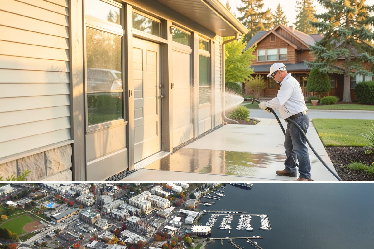 Cedar Siding Washing in Kirkland, King County, WA - The dry months of summer are ideal so cedar dries completely and holds any new stain applied afterward.