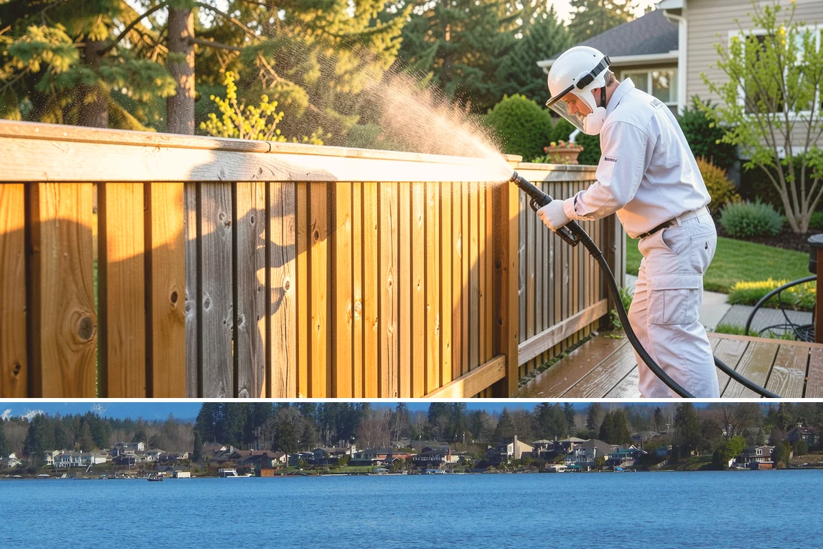 Cedar Siding Washing in Lake Stevens, Snohomish County, WA - The dry months of summer are ideal so cedar dries completely and holds any new stain applied afterward.