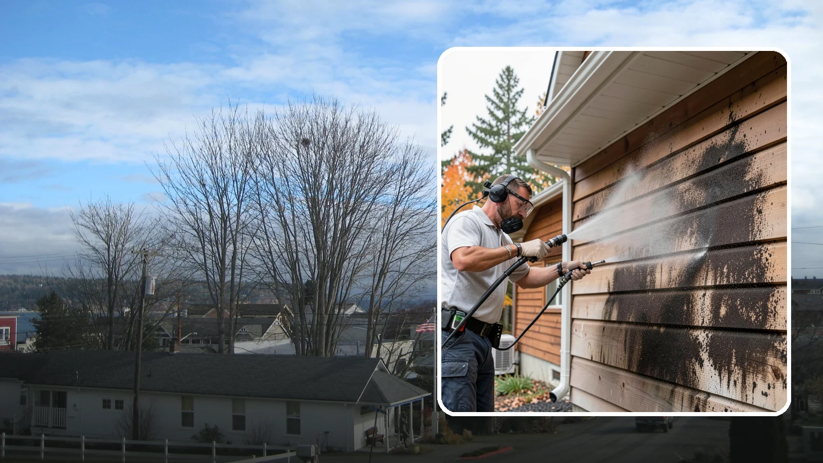 Cedar Siding Washing in Langley, Island County, WA - Cedar siding washing carefully clears mildew and dark streaks from shakes and boards while protecting cedar's soft, natural...