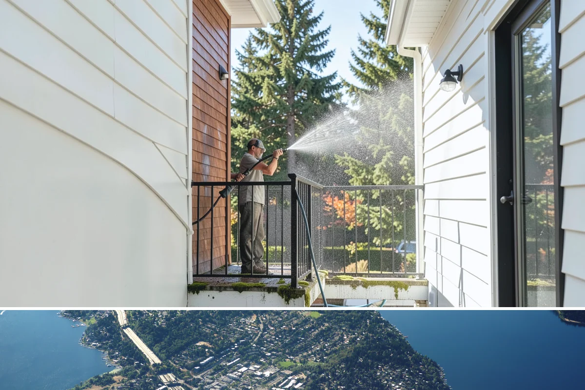Cedar Siding Washing in Mercer Island, King County, WA - The dry months of summer are ideal so cedar dries completely and holds any new stain applied afterward.
