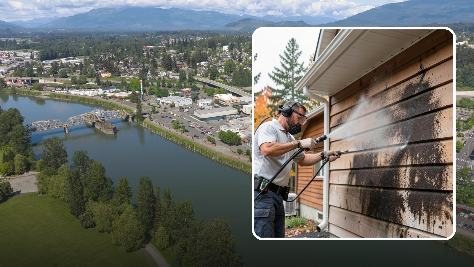 Cedar Siding Washing in Mount Vernon, Skagit County, WA - Cedar siding washing carefully clears mildew and dark streaks from shakes and boards while protecting cedar's soft, natural...