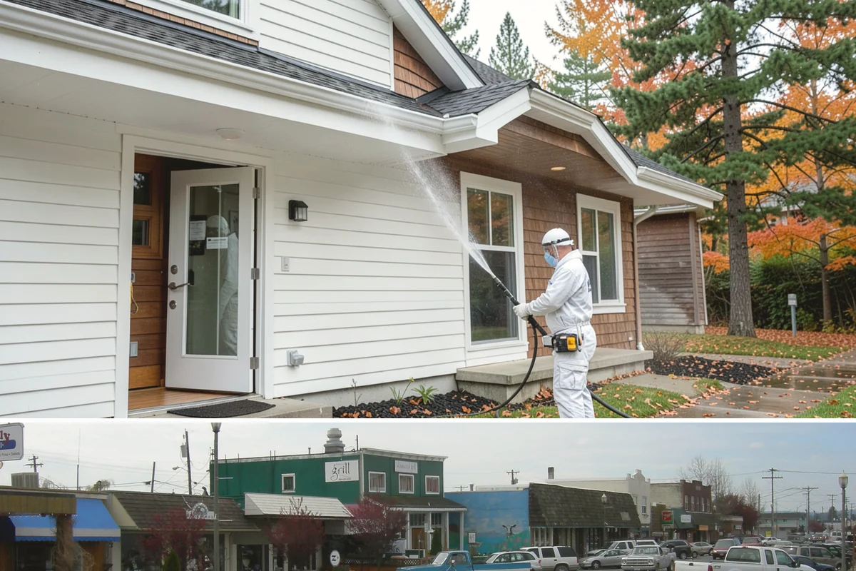 Cedar Siding Washing in Stanwood, Snohomish County, WA - The dry months of summer are ideal so cedar dries completely and holds any new stain applied afterward.