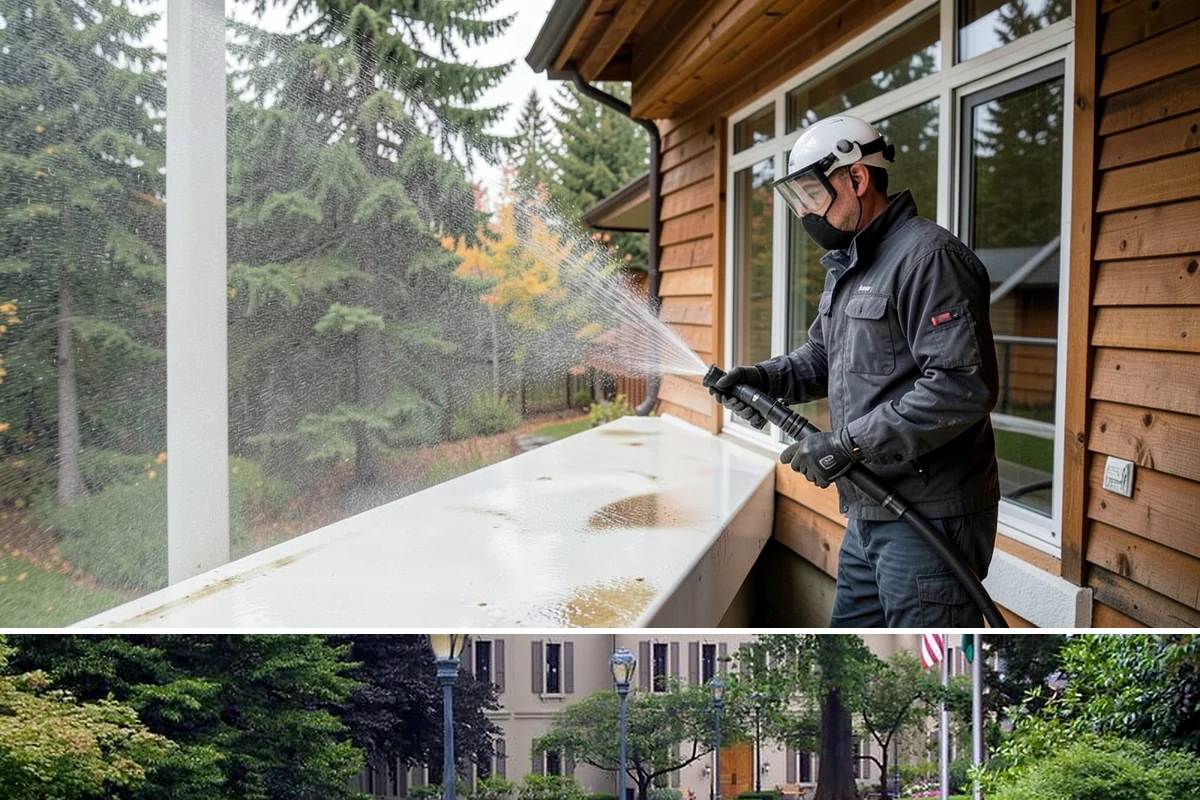 Cedar Siding Washing in Woodinville, King County, WA - The dry months of summer are ideal so cedar dries completely and holds any new stain applied afterward.
