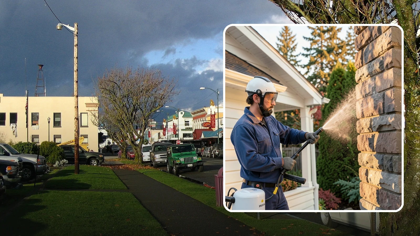 Chimney Exterior Cleaning in Arlington, Snohomish County, WA - We clean the exterior of masonry and sided chimneys to remove algae, soot streaks, and moss from their weathered faces.