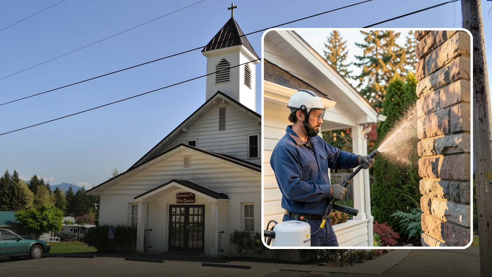 Chimney Exterior Cleaning in Concrete, Skagit County, WA - We clean the exterior of masonry and sided chimneys to remove algae, soot streaks, and moss from their weathered faces.