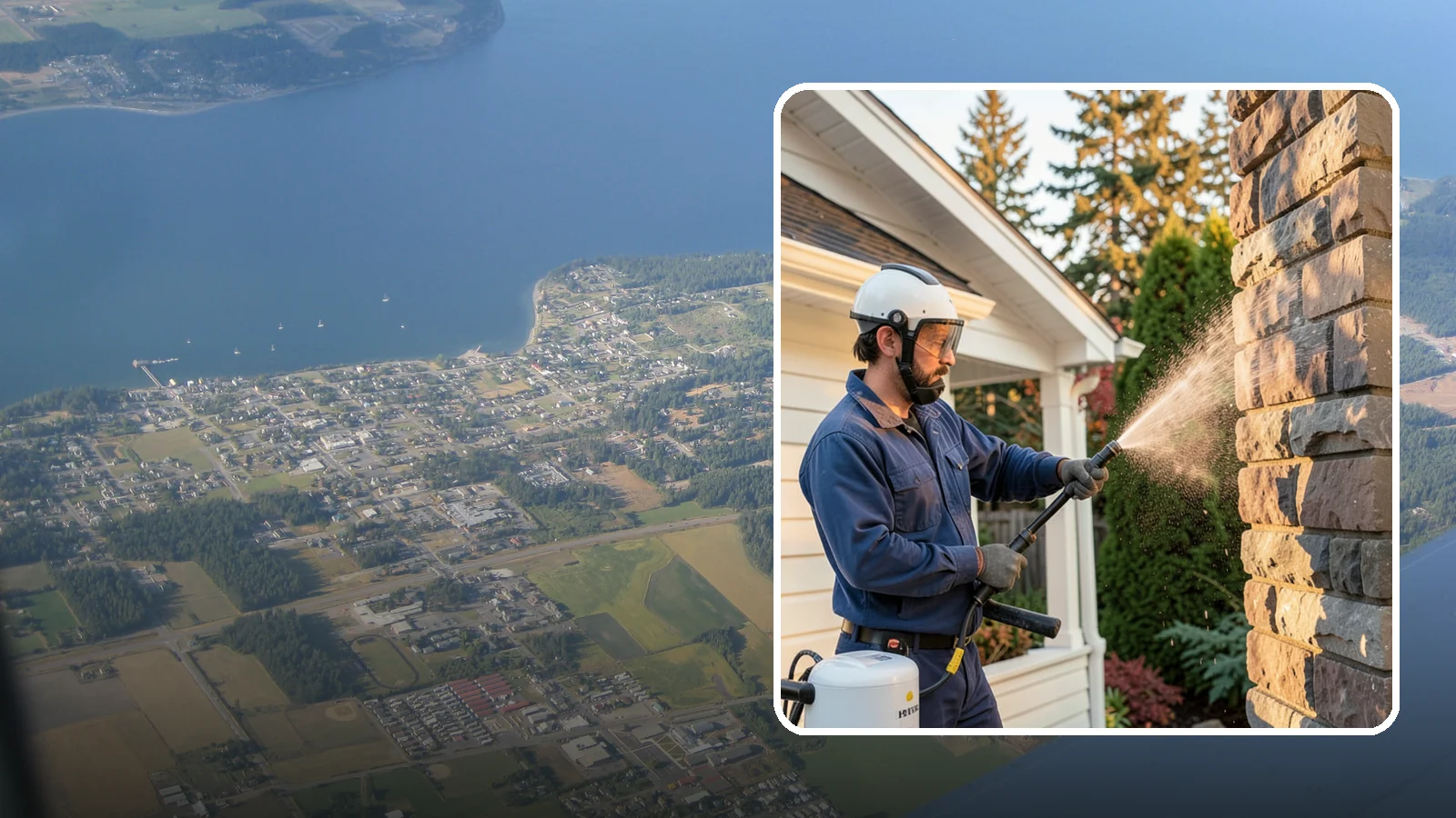 Chimney Exterior Cleaning in Coupeville, Island County, WA - We clean the exterior of masonry and sided chimneys to remove algae, soot streaks, and moss from their weathered faces.