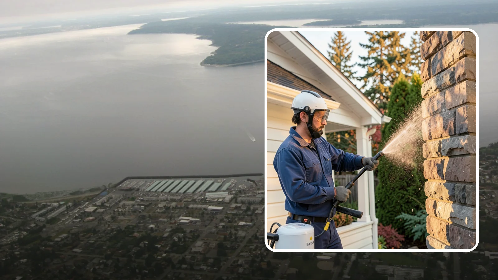 Chimney Exterior Cleaning in Des Moines, King County, WA - We clean the exterior of masonry and sided chimneys to remove algae, soot streaks, and moss from their weathered faces.