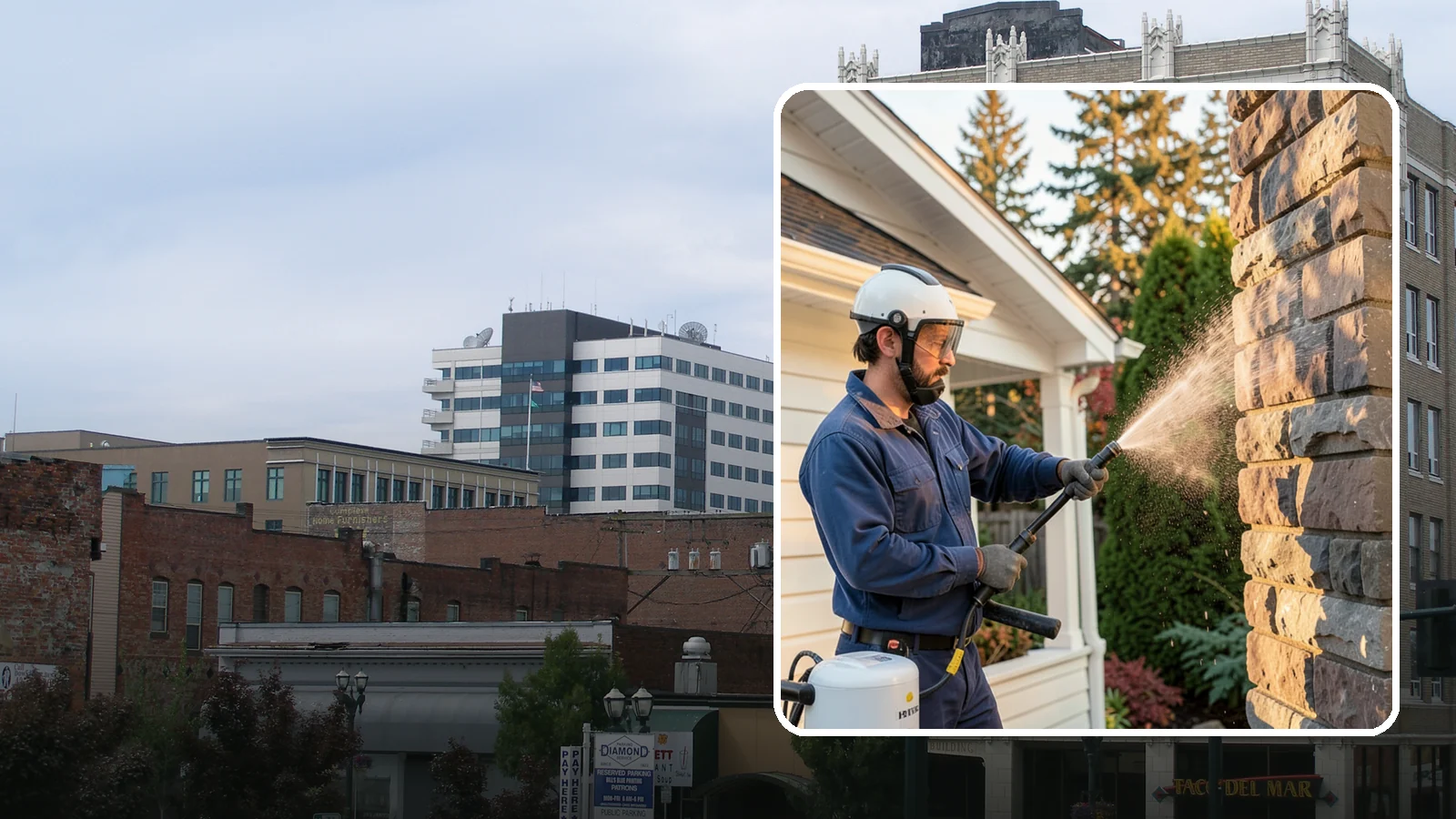 Chimney Exterior Cleaning in Everett, Snohomish County, WA - We clean the exterior of masonry and sided chimneys to remove algae, soot streaks, and moss from their weathered faces.