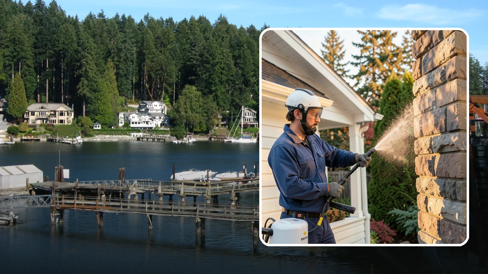 Chimney Exterior Cleaning in Gig Harbor, Pierce County, WA - We clean the exterior of masonry and sided chimneys to remove algae, soot streaks, and moss from their weathered faces.