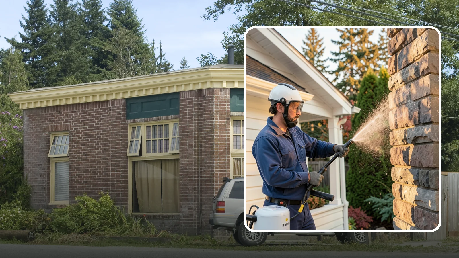 Chimney Exterior Cleaning in Hamilton, Skagit County, WA - We clean the exterior of masonry and sided chimneys to remove algae, soot streaks, and moss from their weathered faces.
