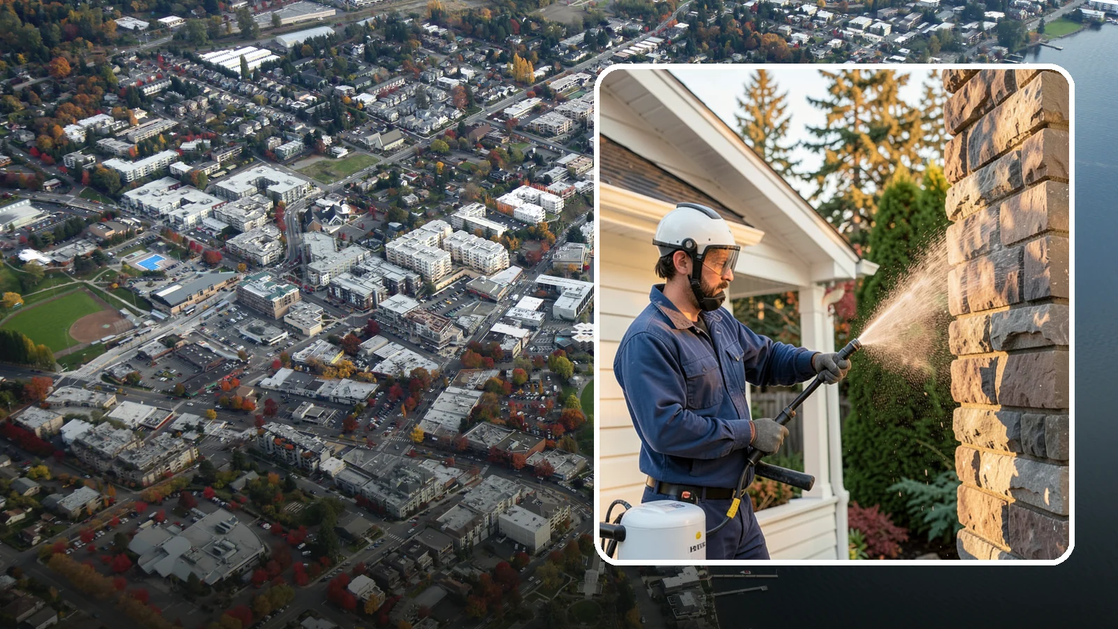 Chimney Exterior Cleaning in Kirkland, King County, WA - We clean the exterior of masonry and sided chimneys to remove algae, soot streaks, and moss from their weathered faces.