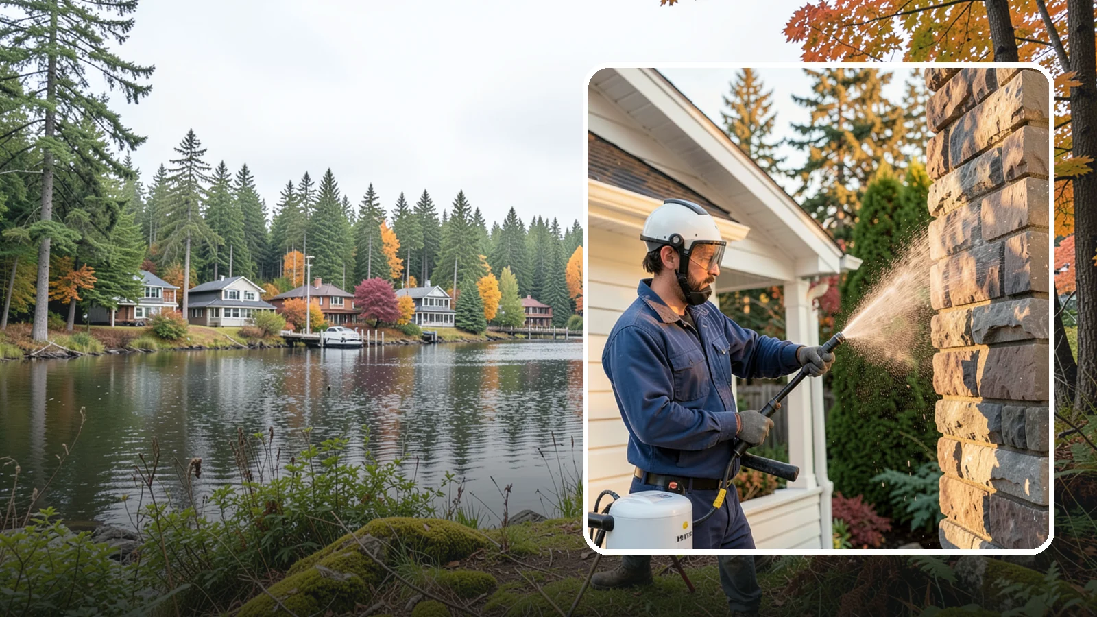 Chimney Exterior Cleaning in La Conner, Skagit County, WA - We clean the exterior of masonry and sided chimneys to remove algae, soot streaks, and moss from their weathered faces.