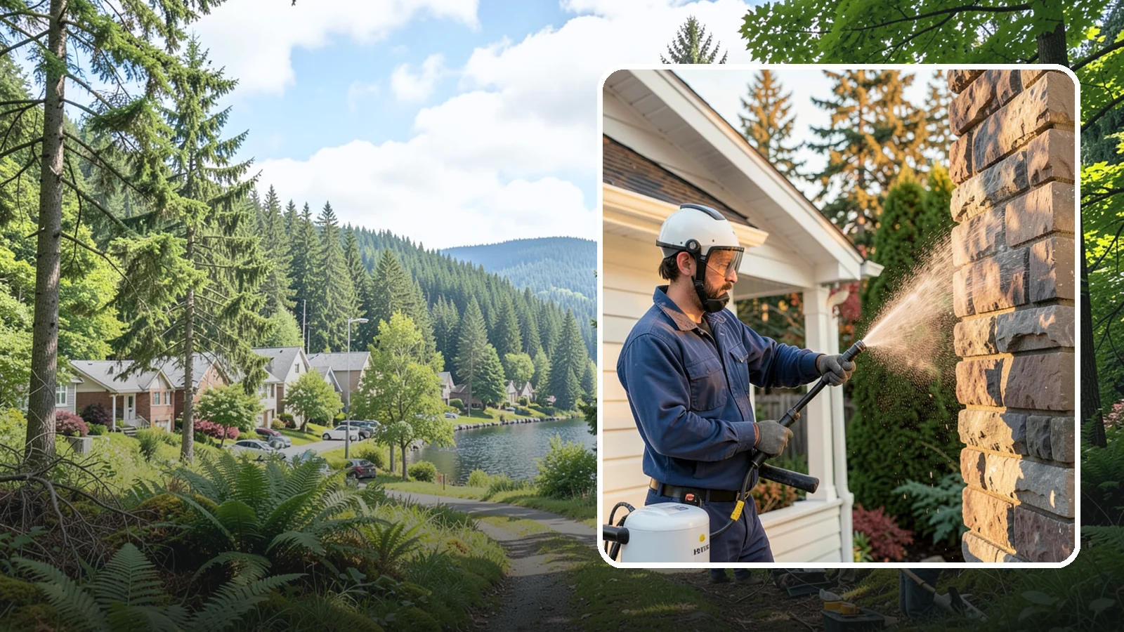 Chimney Exterior Cleaning in Lake Forest Park, King County, WA - We clean the exterior of masonry and sided chimneys to remove algae, soot streaks, and moss from their weathered faces.