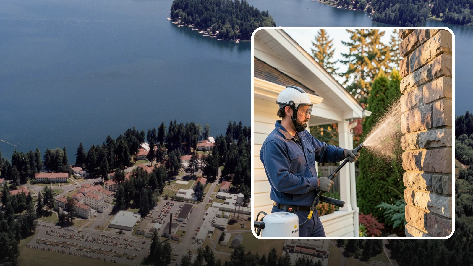 Chimney Exterior Cleaning in Lakewood, Pierce County, WA - We clean the exterior of masonry and sided chimneys to remove algae, soot streaks, and moss from their weathered faces.