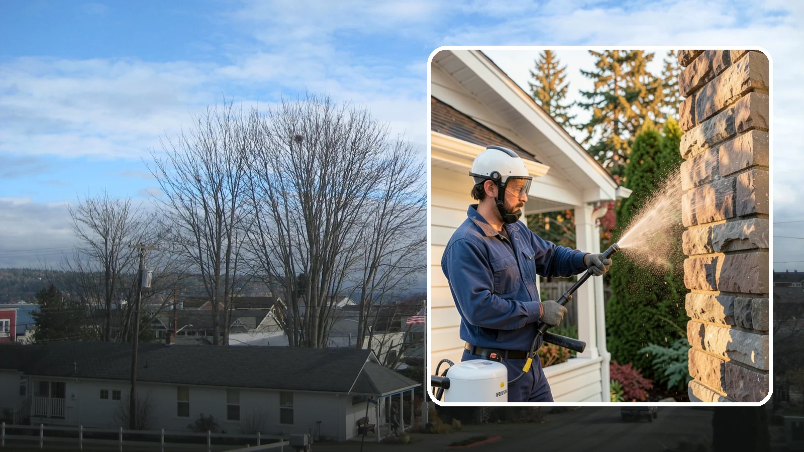 Chimney Exterior Cleaning in Langley, Island County, WA - We clean the exterior of masonry and sided chimneys to remove algae, soot streaks, and moss from their weathered faces.