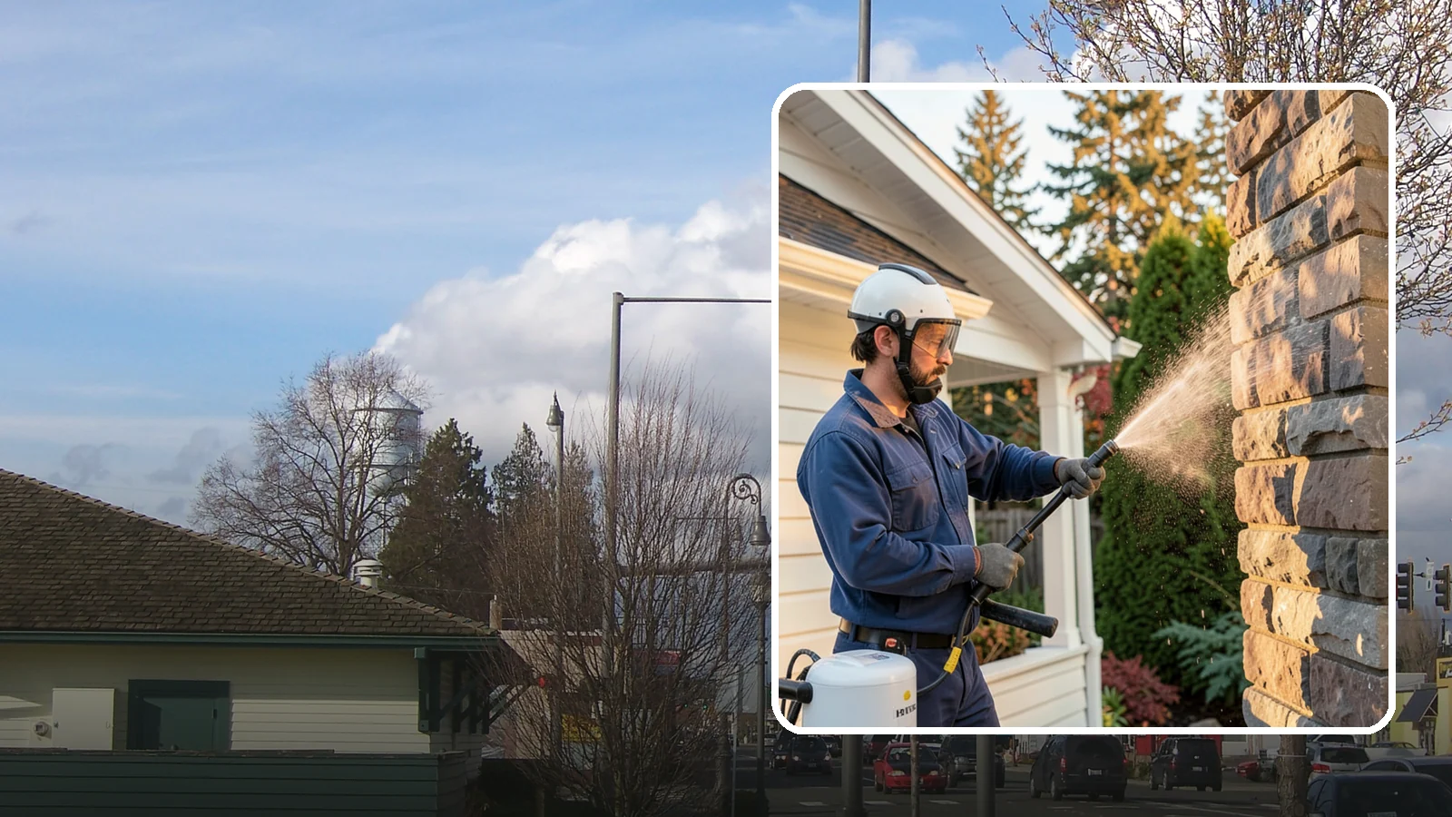 Chimney Exterior Cleaning in Marysville, Snohomish County, WA - We clean the exterior of masonry and sided chimneys to remove algae, soot streaks, and moss from their weathered faces.