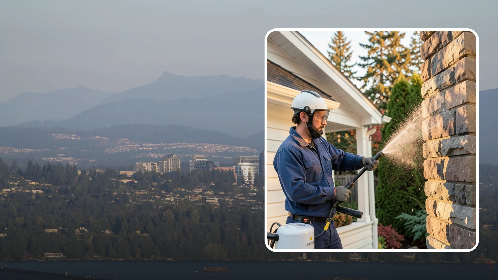 Chimney Exterior Cleaning in Medina, King County, WA - We clean the exterior of masonry and sided chimneys to remove algae, soot streaks, and moss from their weathered faces.