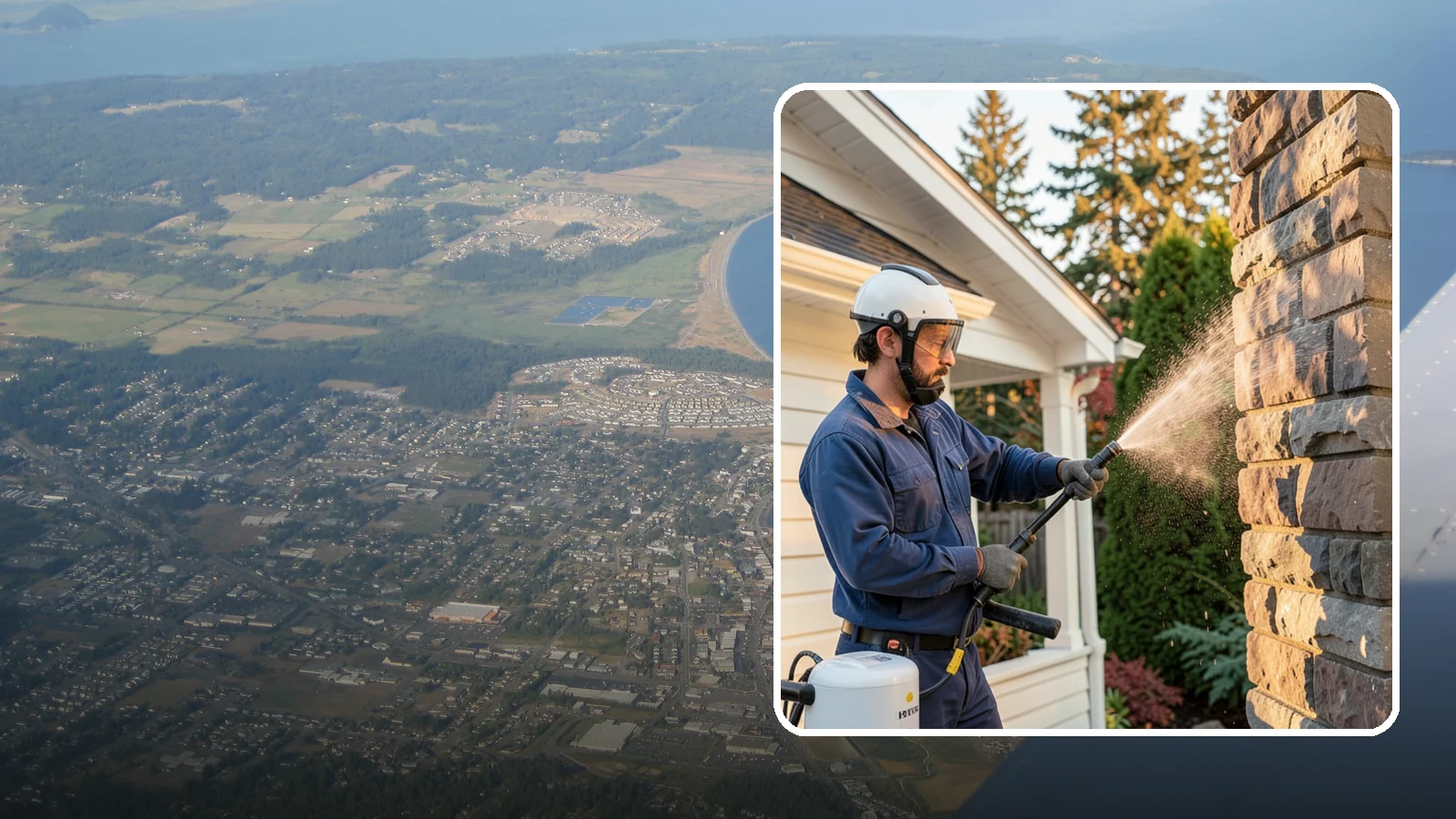 Chimney Exterior Cleaning in Oak Harbor, Island County, WA - We clean the exterior of masonry and sided chimneys to remove algae, soot streaks, and moss from their weathered faces.