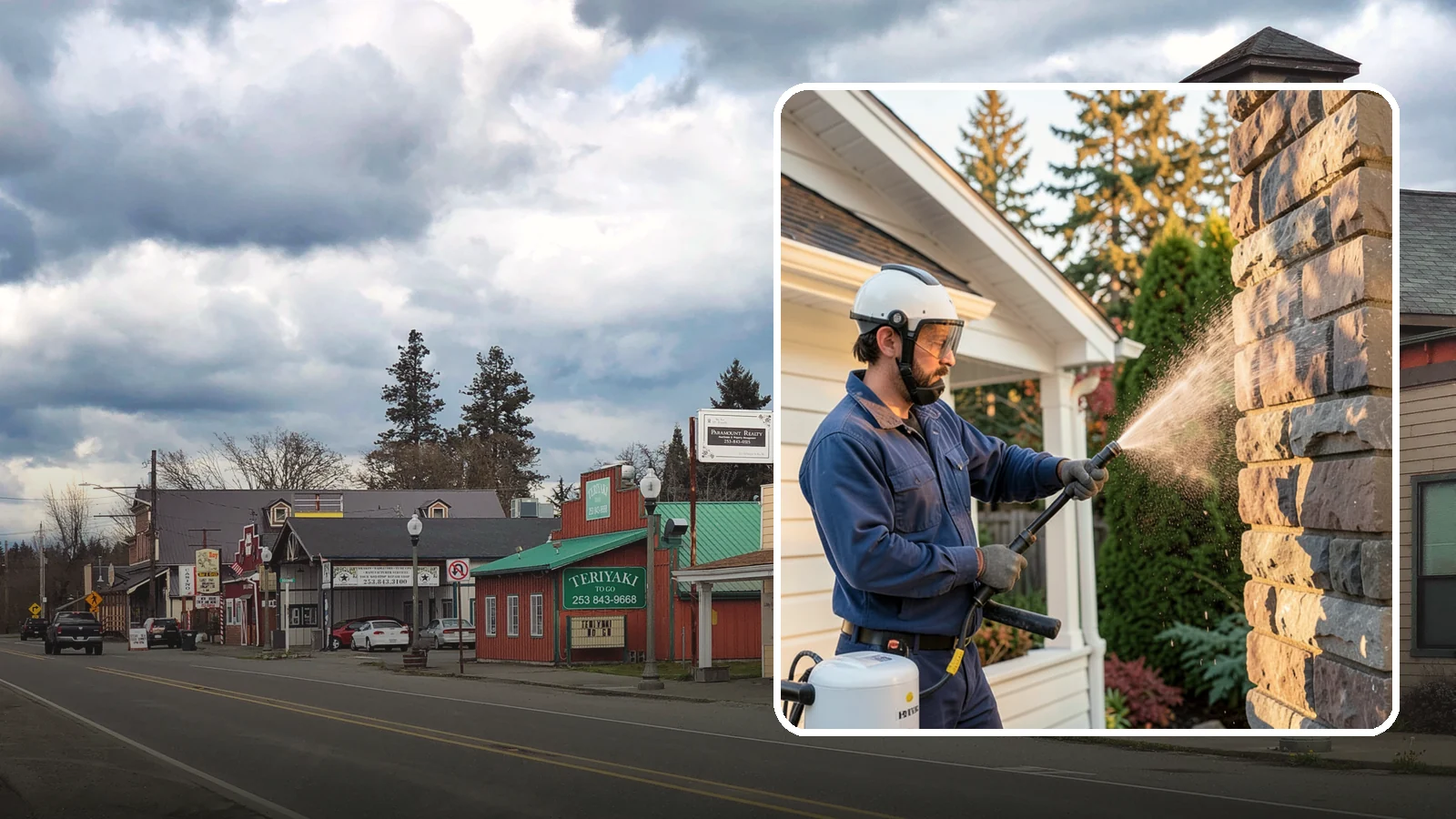 Chimney Exterior Cleaning in Roy, Pierce County, WA - We clean the exterior of masonry and sided chimneys to remove algae, soot streaks, and moss from their weathered faces.