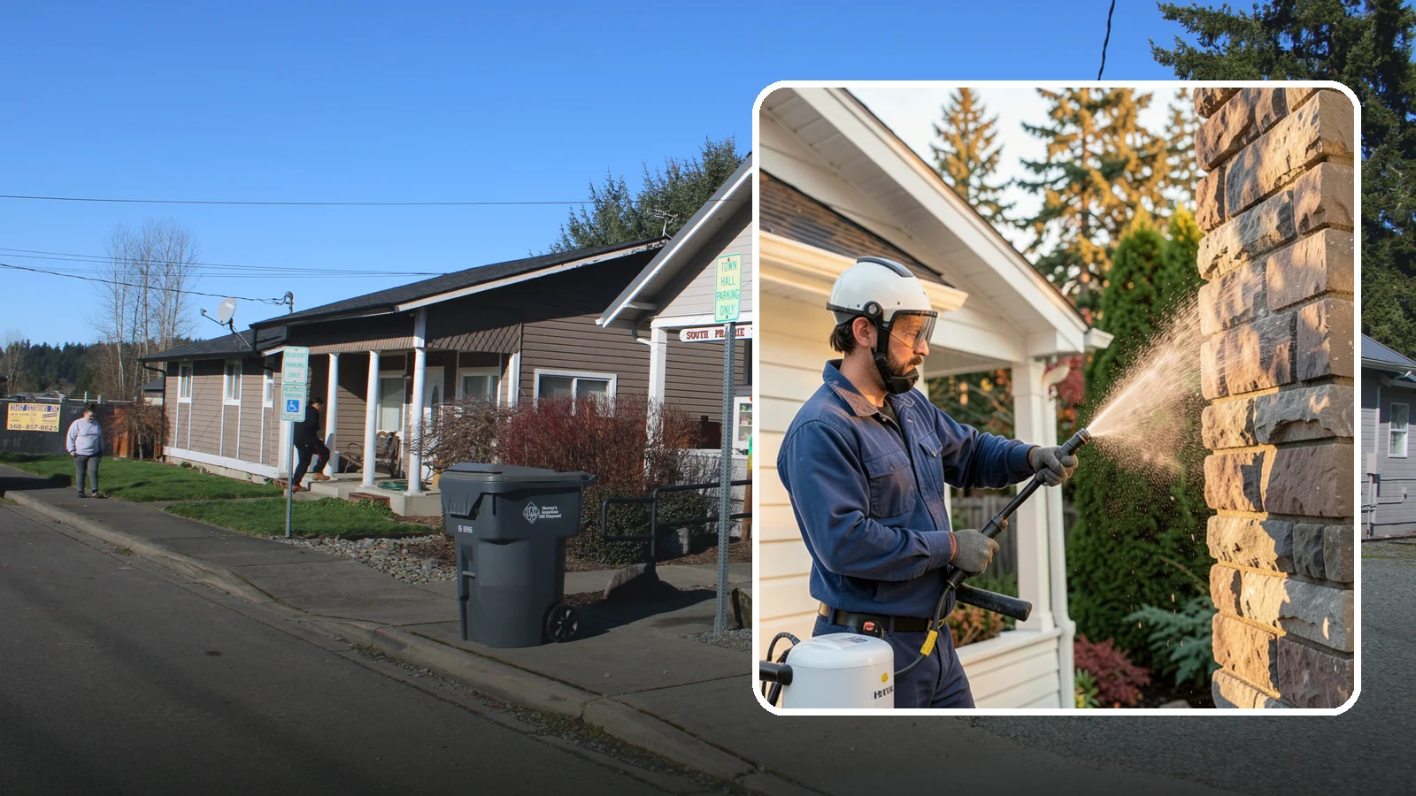 Chimney Exterior Cleaning in South Prairie, Pierce County, WA - We clean the exterior of masonry and sided chimneys to remove algae, soot streaks, and moss from their weathered faces.