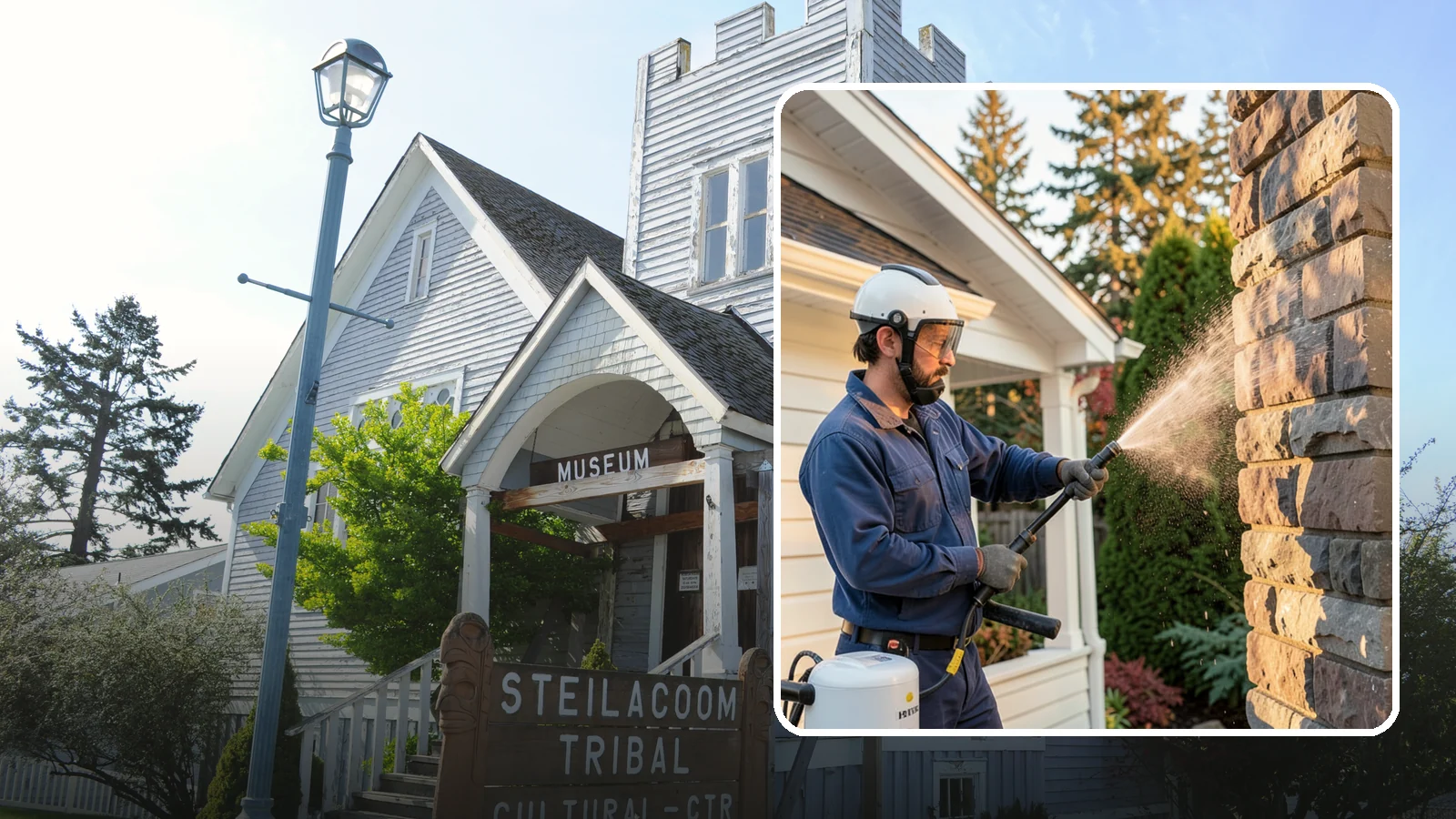 Chimney Exterior Cleaning in Steilacoom, Pierce County, WA - We clean the exterior of masonry and sided chimneys to remove algae, soot streaks, and moss from their weathered faces.