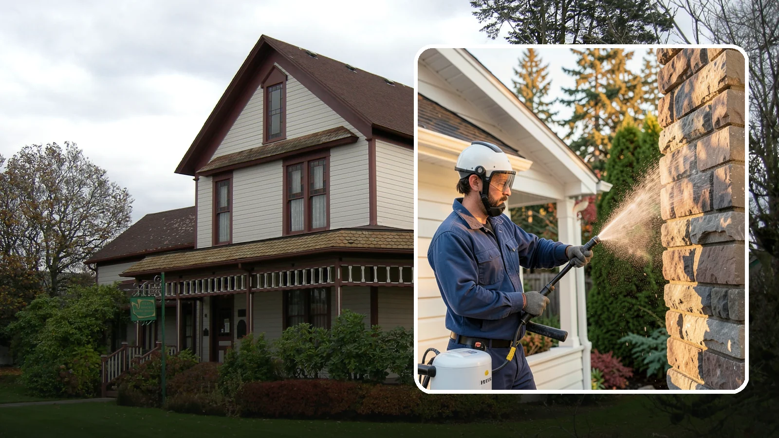 Chimney Exterior Cleaning in Sumner, Pierce County, WA - We clean the exterior of masonry and sided chimneys to remove algae, soot streaks, and moss from their weathered faces.