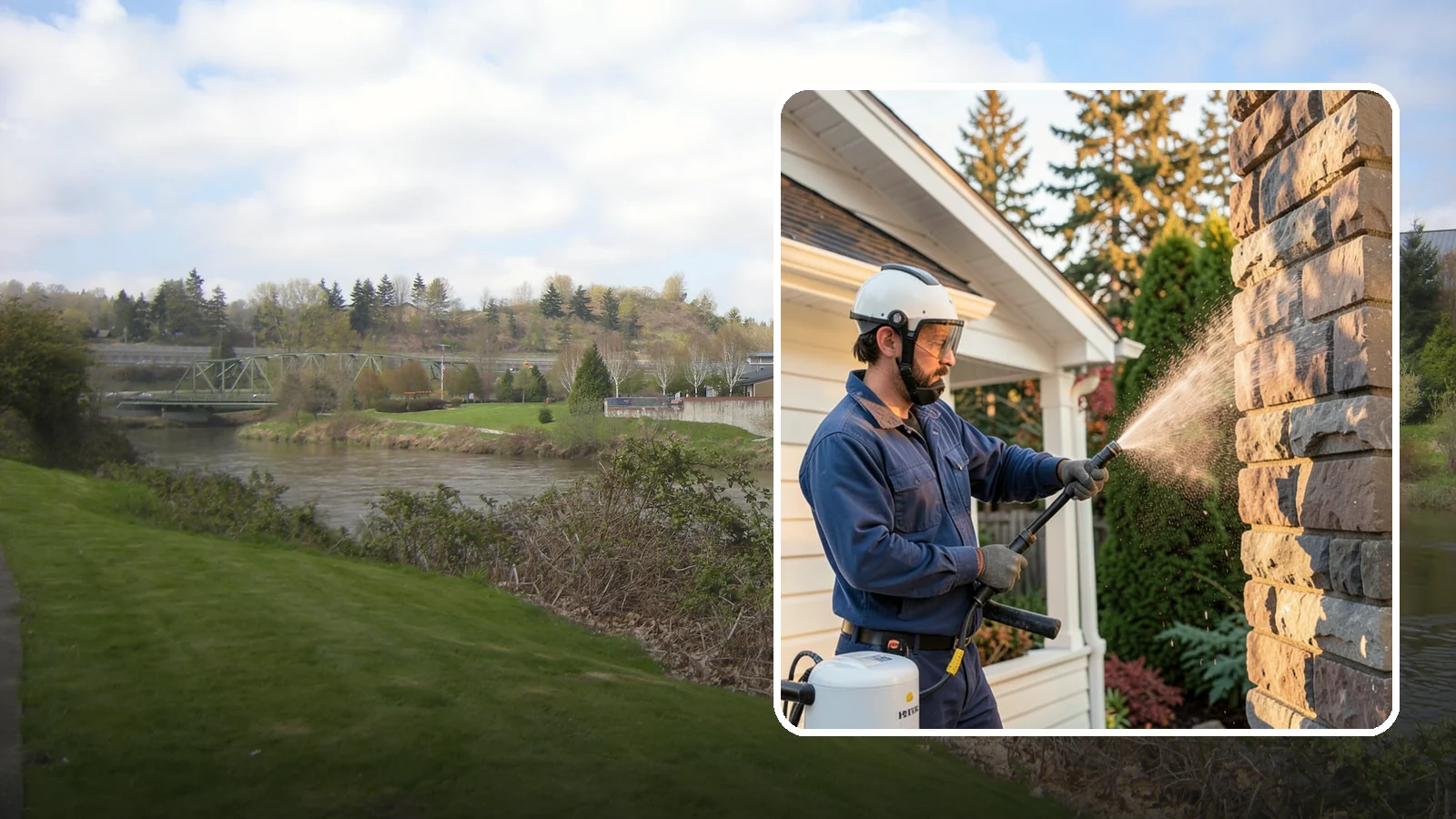 Chimney Exterior Cleaning in Tukwila, King County, WA - We clean the exterior of masonry and sided chimneys to remove algae, soot streaks, and moss from their weathered faces.