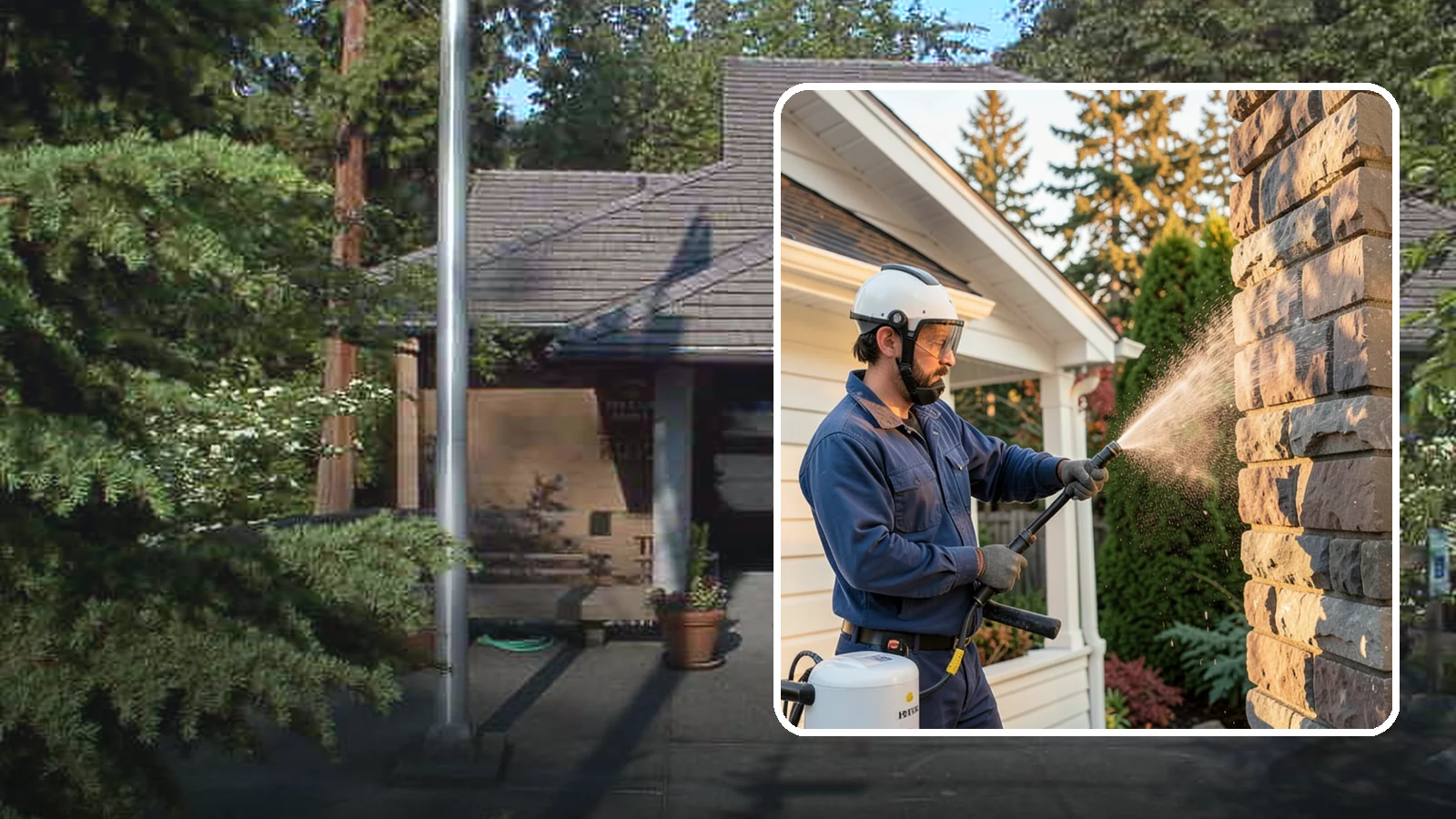 Chimney Exterior Cleaning in Yarrow Point, King County, WA - We clean the exterior of masonry and sided chimneys to remove algae, soot streaks, and moss from their weathered faces.