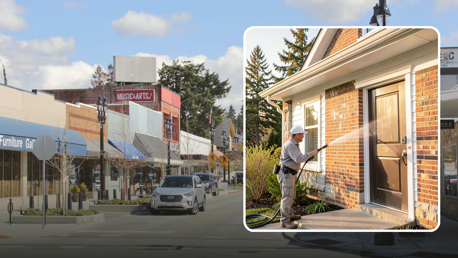 Church Exterior Cleaning in Bothell, King County, WA - Gentle, respectful exterior cleaning for churches that restores brick, stone, and stucco facades along with entry steps and...