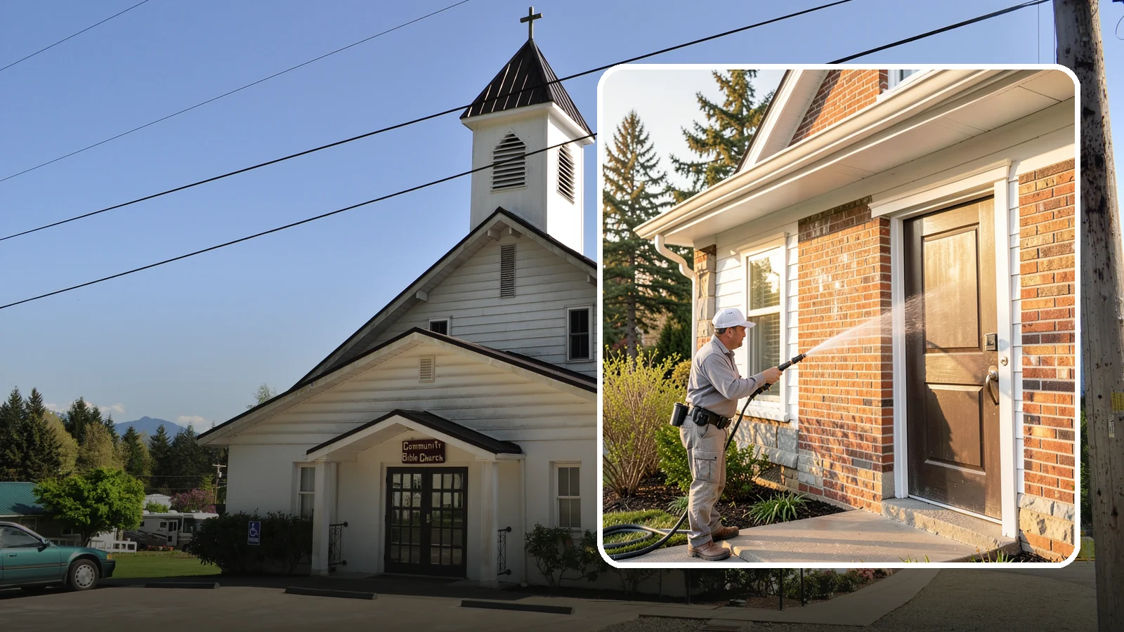 Church Exterior Cleaning in Concrete, Skagit County, WA - Gentle, respectful exterior cleaning for churches that restores brick, stone, and stucco facades along with entry steps and...