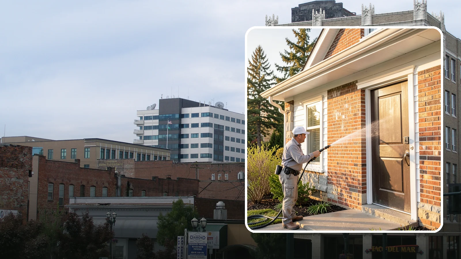 Church Exterior Cleaning in Everett, Snohomish County, WA - Gentle, respectful exterior cleaning for churches that restores brick, stone, and stucco facades along with entry steps and...