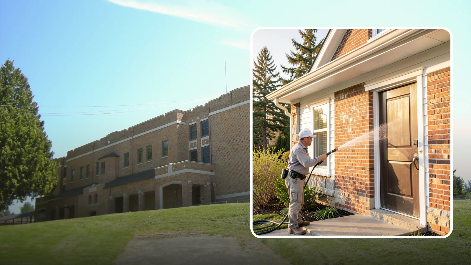 Church Exterior Cleaning in Maple Valley, King County, WA - Gentle, respectful exterior cleaning for churches that restores brick, stone, and stucco facades along with entry steps and...
