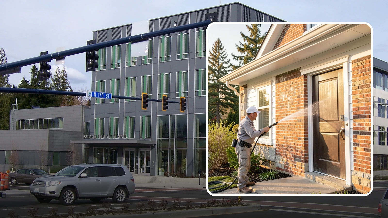 Church Exterior Cleaning in Shoreline, King County, WA - Gentle, respectful exterior cleaning for churches that restores brick, stone, and stucco facades along with entry steps and...