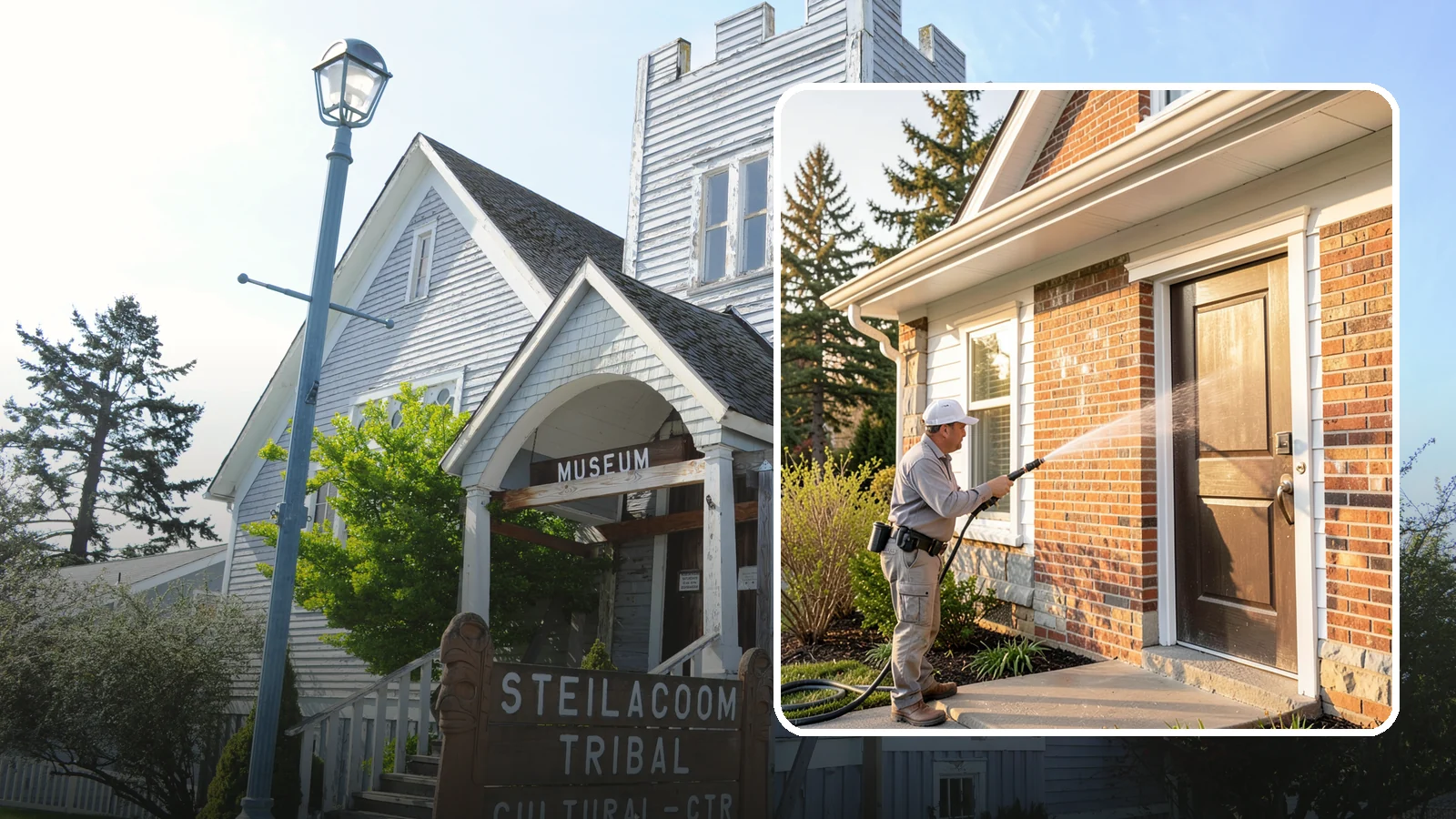 Church Exterior Cleaning in Steilacoom, Pierce County, WA - Gentle, respectful exterior cleaning for churches that restores brick, stone, and stucco facades along with entry steps and...