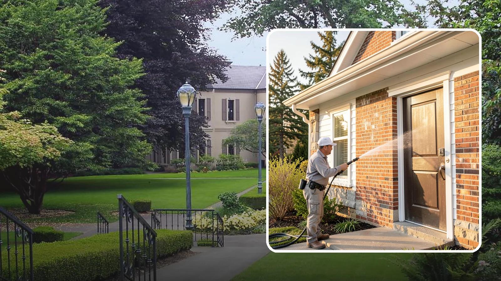 Church Exterior Cleaning in Woodinville, King County, WA - Gentle, respectful exterior cleaning for churches that restores brick, stone, and stucco facades along with entry steps and...