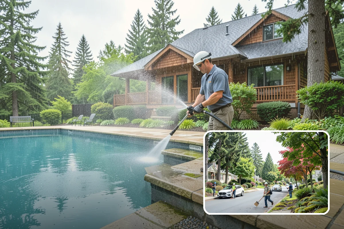 Column Cleaning in Beaux Arts Village, King County, WA - Removes vertical algae and rain streaking from column faces